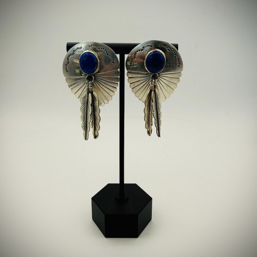 Vintage Sterling Silver & Lapis Earrings Signed E. Yazzie (Navajo)